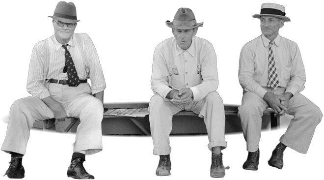 Three men on one bench in a courthouse square, each sitting apart with his hands in
                his lap, none of them turned to another.