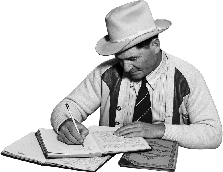 A foreman in a hat keeping four ledgers open at once, copying between them by hand.